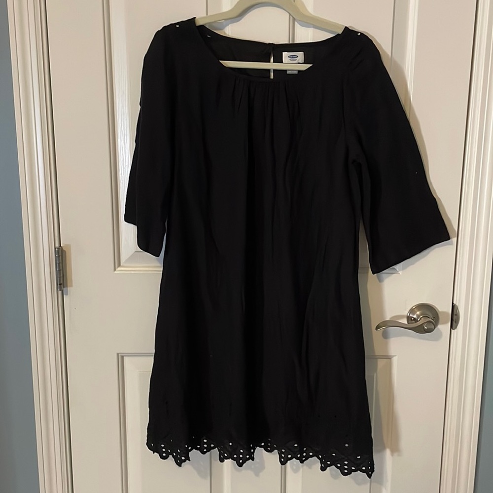 Black mini shift dress with eyelet embroidery